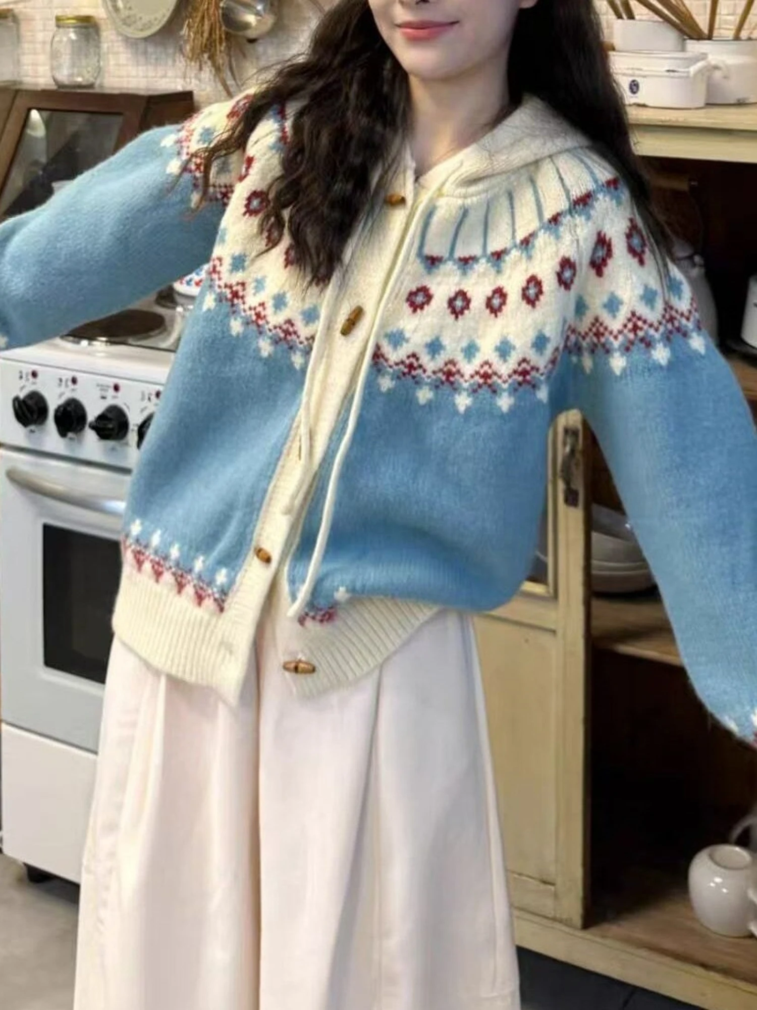 Feilao Island Long Sleeve Knitted Sweater Coat Women's Autumn Winter Loose Warm High-End Feeling Hooded Knitwear Trendy Top