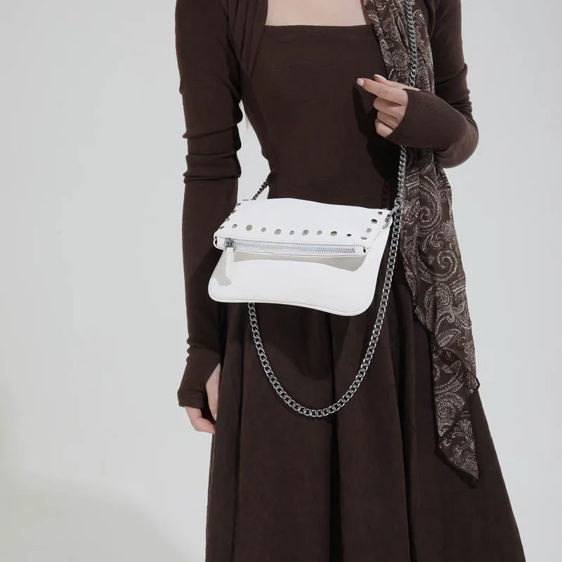 

American Retro Rivet Crossbody Bag For Women Synthetic Leather Texture Chain Shoulder Bags Casual Fashionable Punk Style Handbag