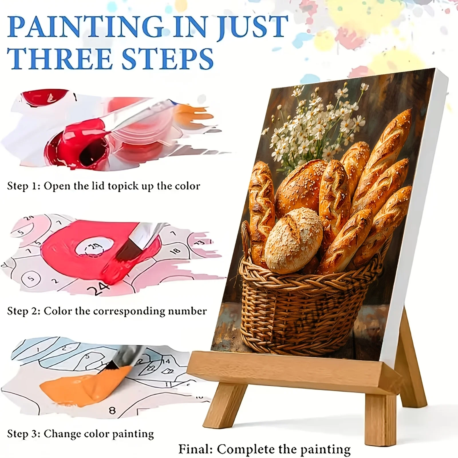 Professional Art Use, 2D Flat 1pc Frameless Adult Beginner's Paint by Numbers Kit, Bread Basket with Small White Daisies Digital