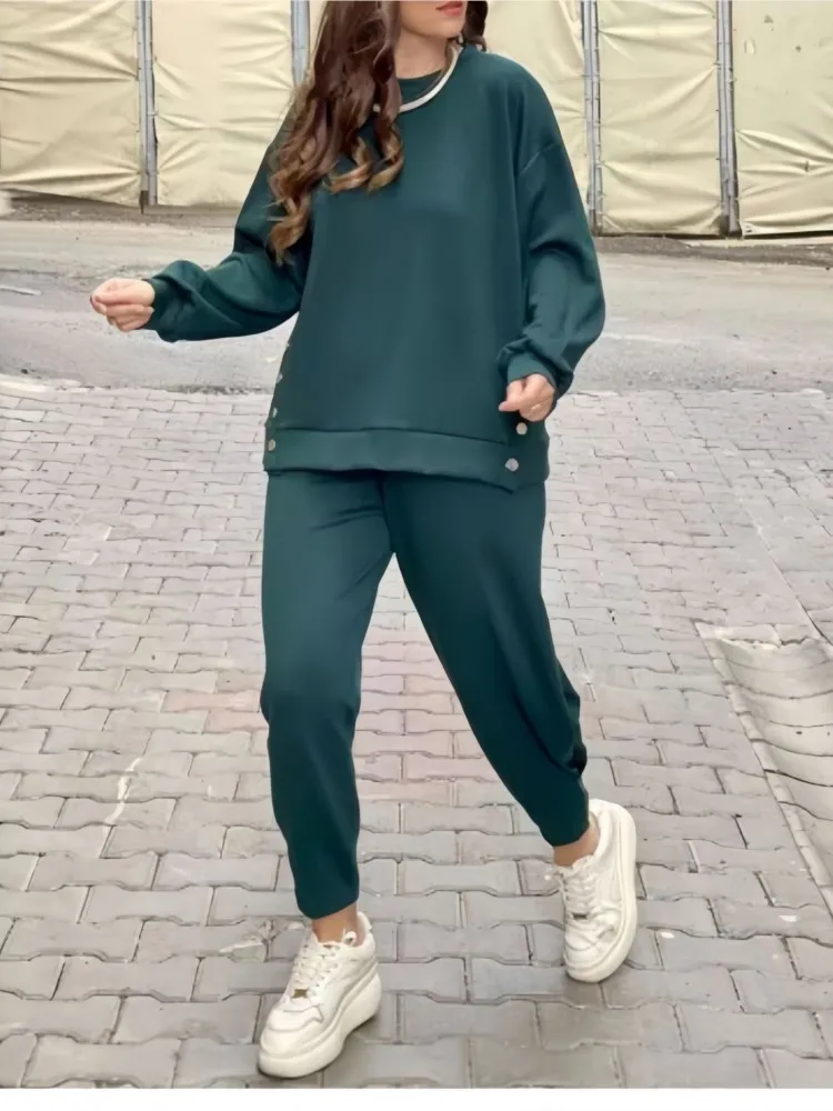 Casual Sporty Style Pants Sets Women Solid Color Buttons Pullover Sweatshirt Trousers Two Piece Set Female 2024 New Sports Suit