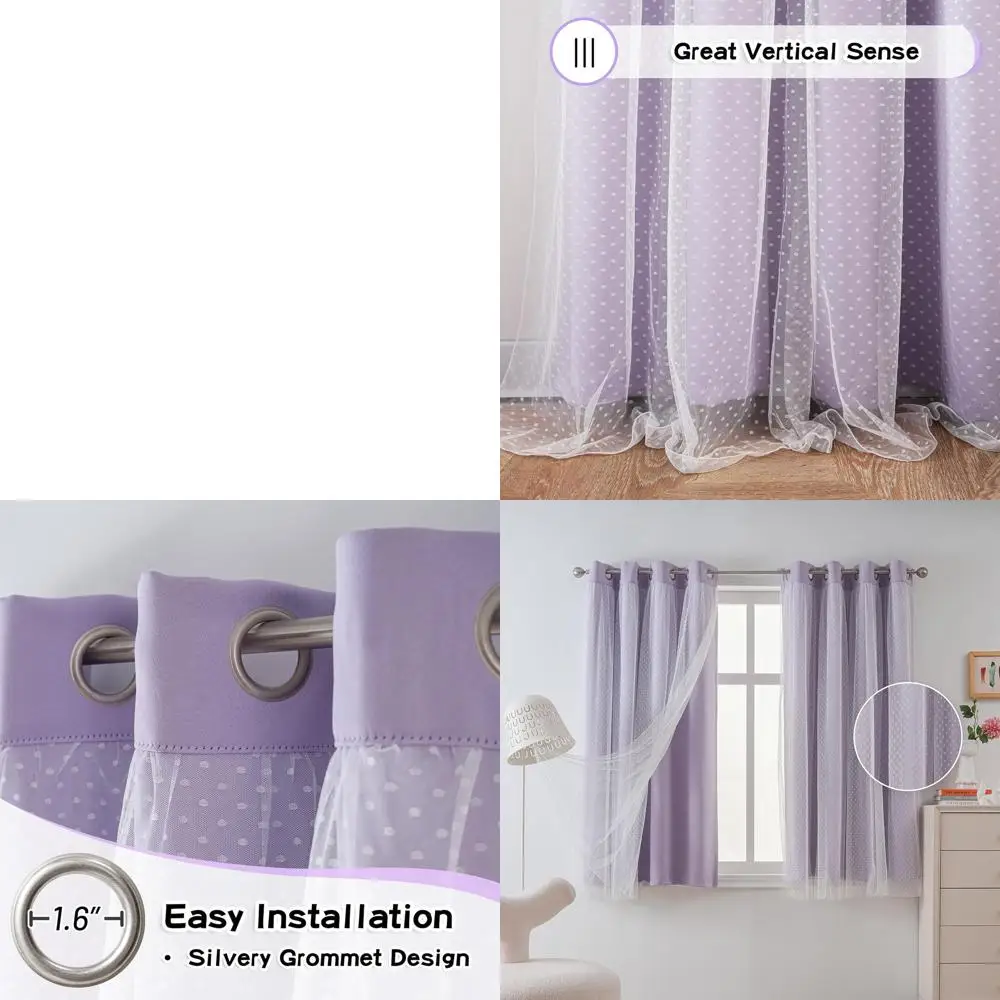 

Purple Lavender Double Layer Polka Dot Curtains for Girls' Bedroom and Nursery, 63 Long, 52 Wide, Grommet Style, 2 Panels