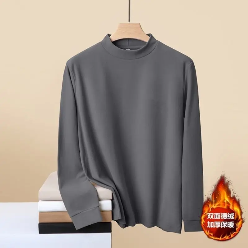 Autumn Winter Men Thermal Underwear Tops Casual Half-neck Collar Thicker Velvet Simple Warm T-shirt  Comfortable Plus Size 5XL