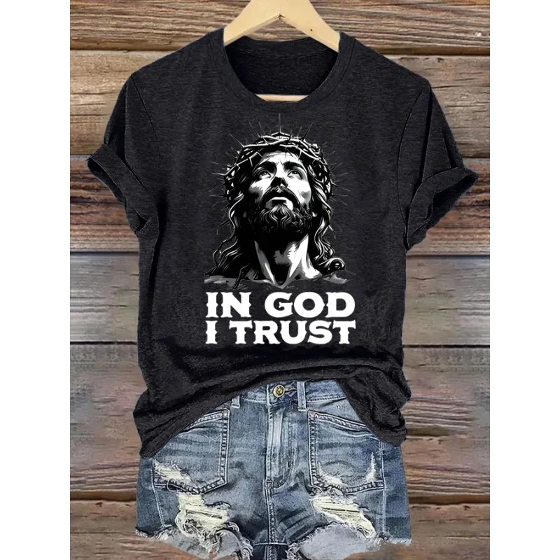 ilstile Women's Faith IN GOD I TRUST Letter Print T-Shirts Summer Short Sleeve Casual Round Neck Tops Black White Blue Tees NEW