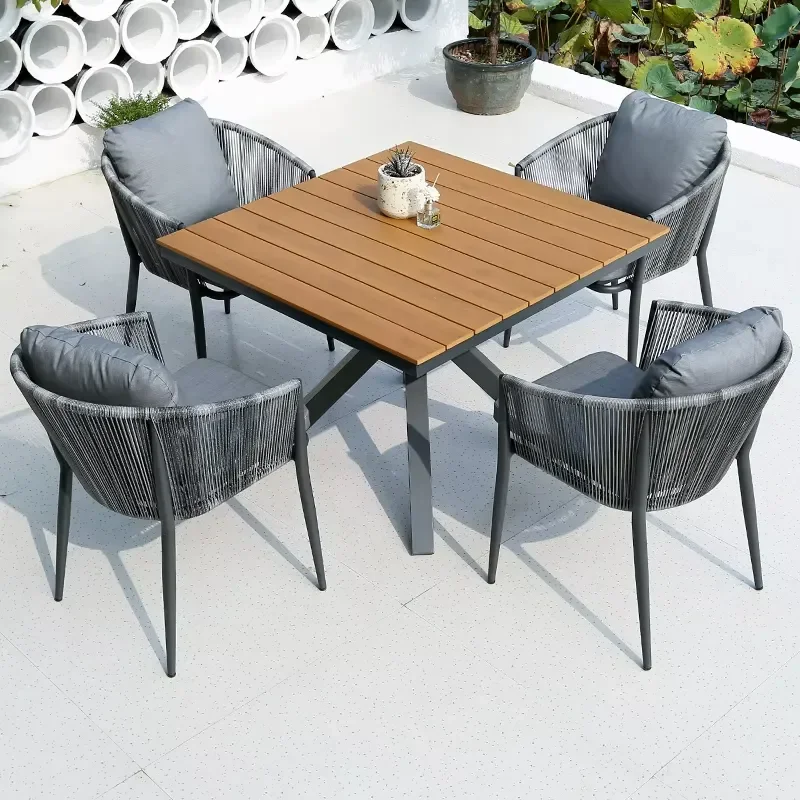 Nordic Teak Aluminum Outdoor Coffee Table Set Waterproof Durable Terrace Side Tables for 4 Person Patio Furniture