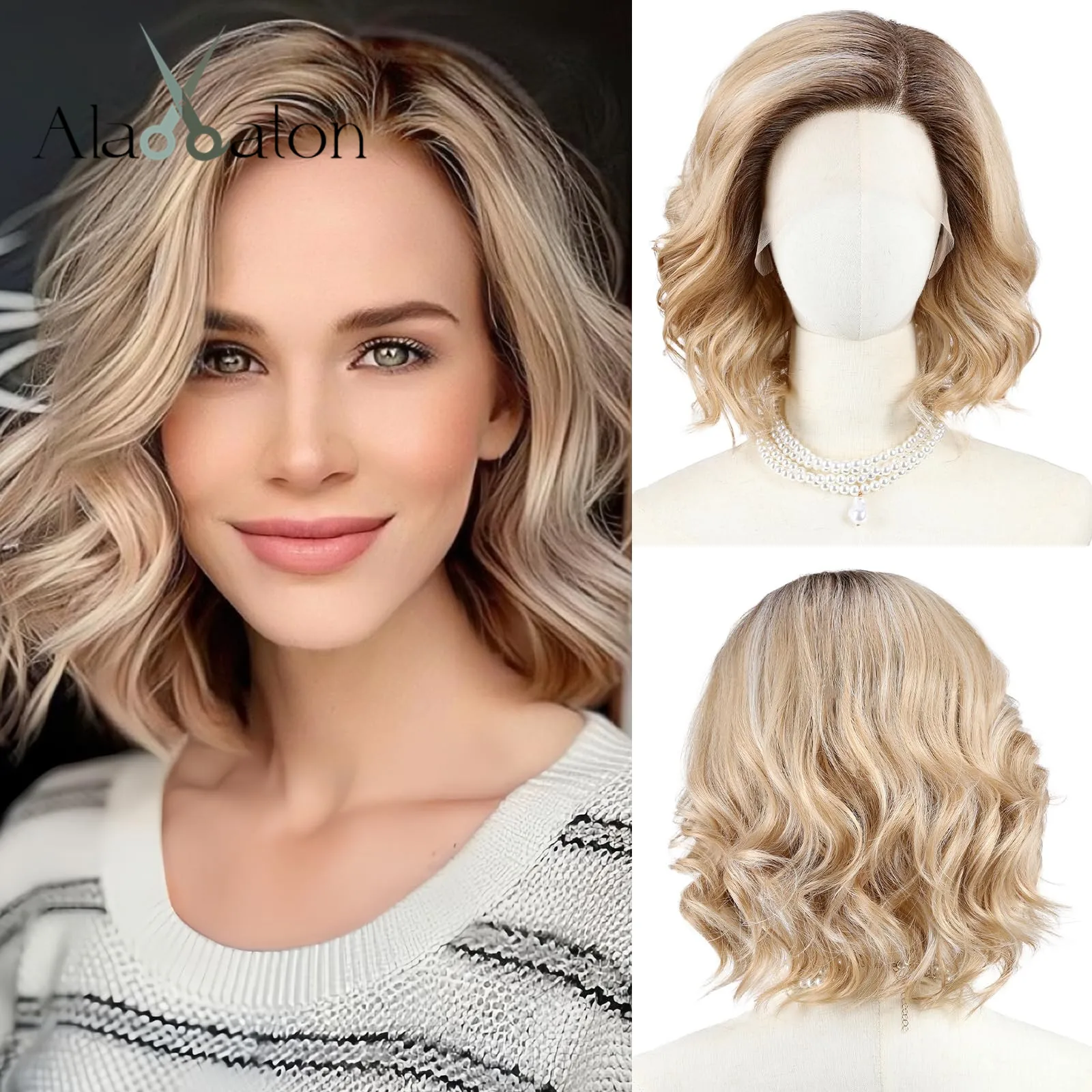 Short Wavy Synthetic Wig Ombre Blonde Layered Hair Side Part Lace Front Bob Wig 14 Inch Shoulder Length Heat Resistant Fiber