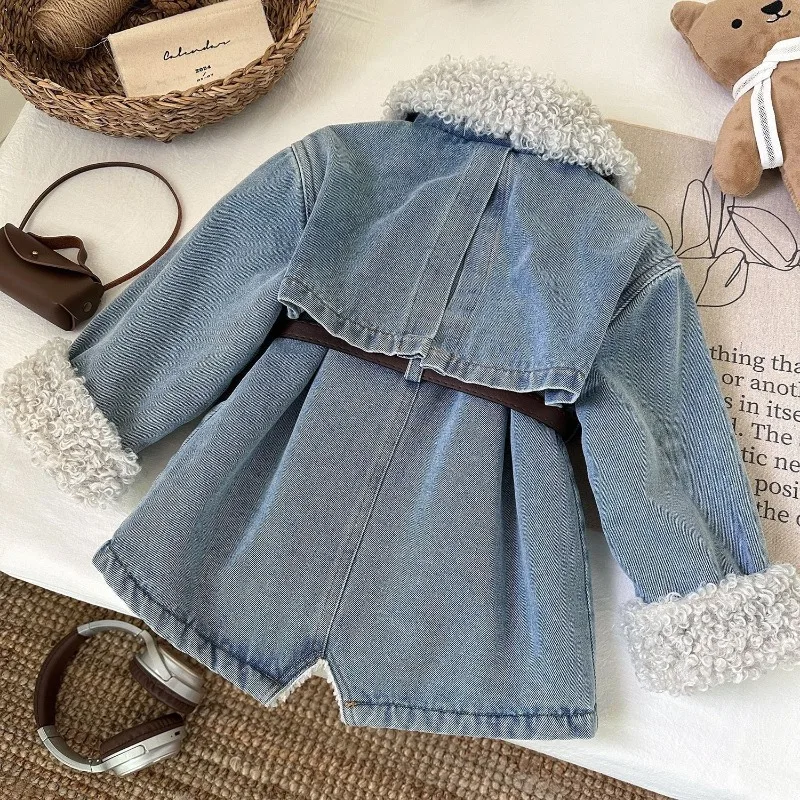 2026 New Winter Girls Denim Long Style Coat Baby Children Fleece Lining Lapel Dress Jacket Kids Girl Thicken Warm Belt Outerwear