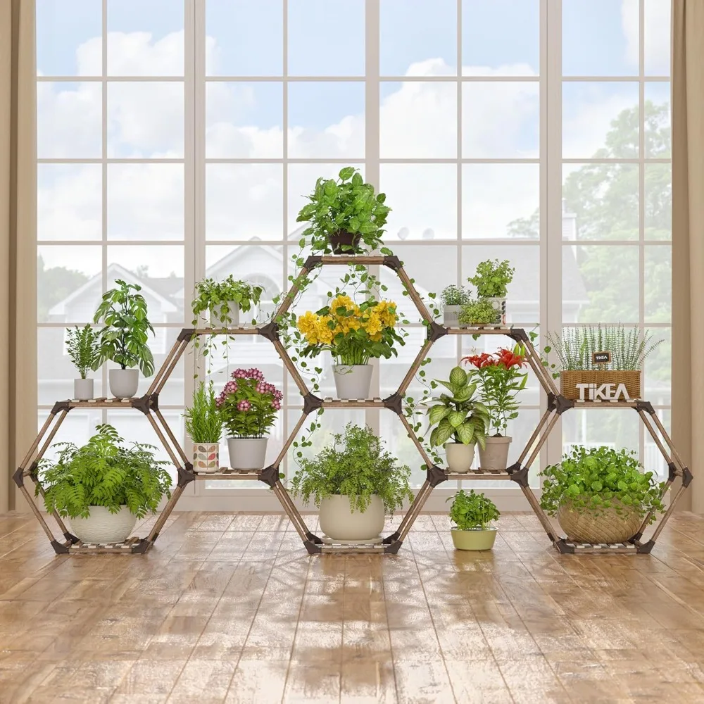 

Plant Stand Indoor Hexagonal Plant Stand for Multiple Plants Indoor Outdoor Large Wooden Plant Shelf 11 Tiered