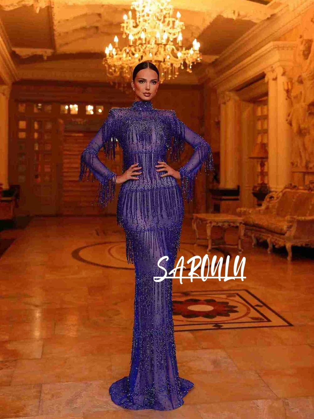 

Showstopper Royal Blue Fringe Evening Dress Sexy Sheer Mesh Beaded Long Sleeve Elegant Glitter Mermaid Gown For Prom Gala Party