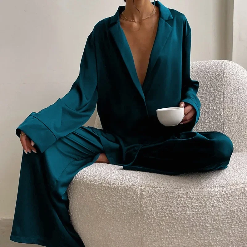 

New Oversized Satin Silk Sleepwear Low Cut Sexy Pajamas for Women Single-Breasted Long Sleeves Wide Leg Pants Trouser Night Suit