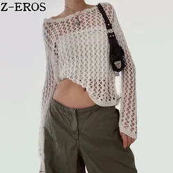 Z-EROS Vintage Hollowed Out Mesh Knit Sweater Round Neck Hole-knit T shirts Casual Loose Long-sleeved Crochet Knit Top Knitwear