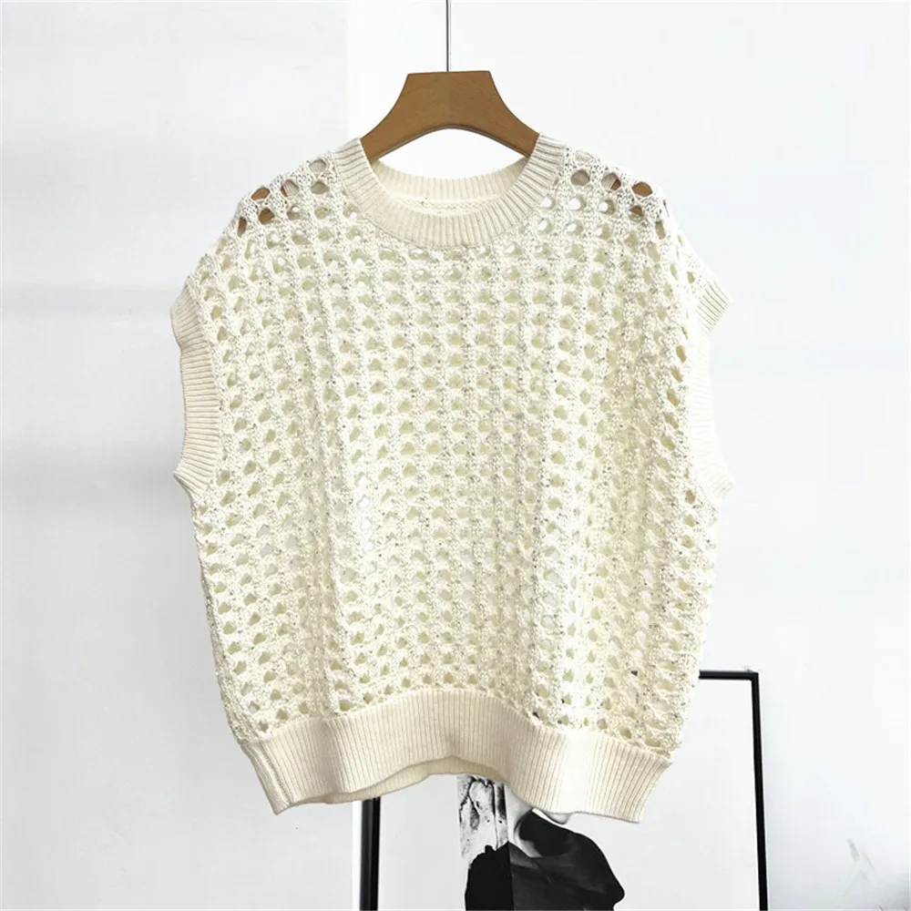 25 ใหม่เสื้อแขนกุดคอกลมกลวงเลื่อมถักเสื้อกั๊กผู้หญิง