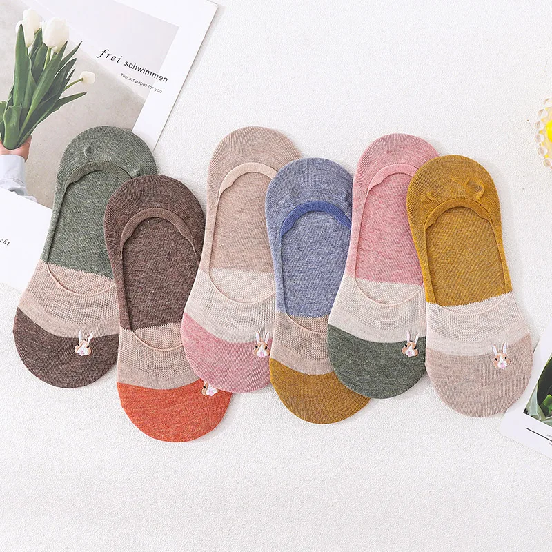 

5 Pairs Women Socks Summer Harajuku Embroidered Ladies Boat Sock Striped Casual Cartoon Rabbit Female Breathable Invisible Socks