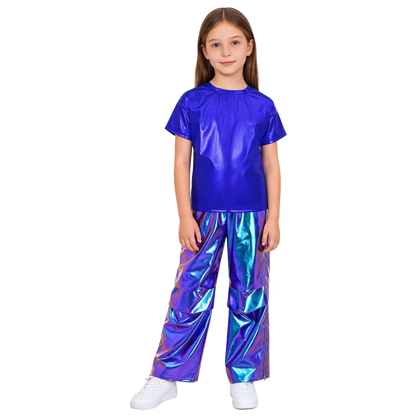 Kids Girls Boys Hip Hop Jazz Dance Outfit Short Sleeve Metallic T-shirt with Tear Away Side Zipper Cargo Pants for Stage Show