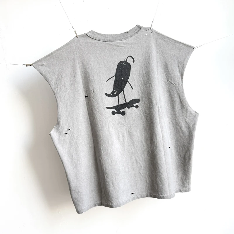 Hole Damaged Cement Gray Dirty Saint Pepper Print Sleeve Cut T Shirt Men Women High Street Casual Loose Tank Tops Vest