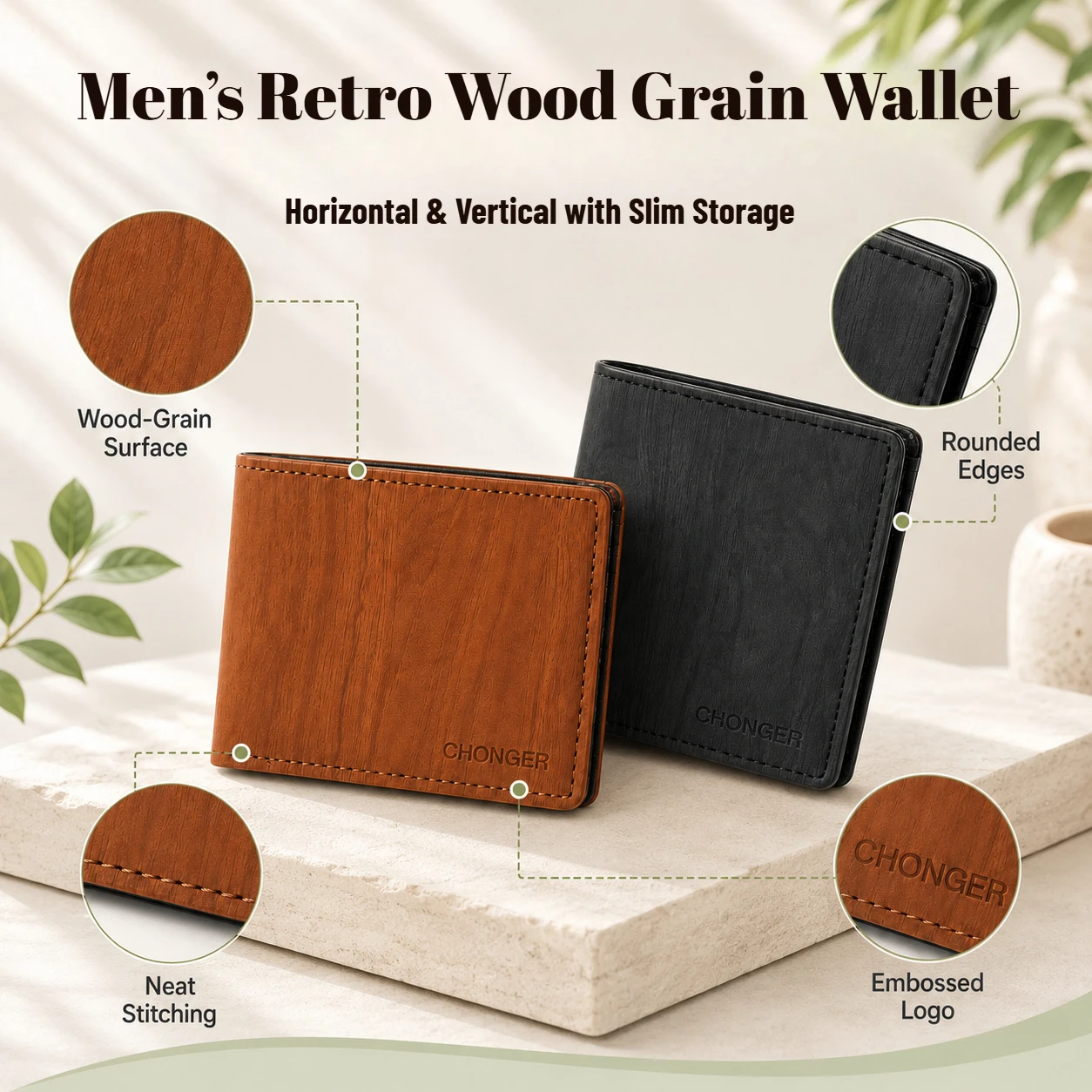 Premium Wood Texture Wallet for Men, Ultra-Thin Purse with Horizontal and Vertical Two Optional, Ideal for Commute & Travel Use
