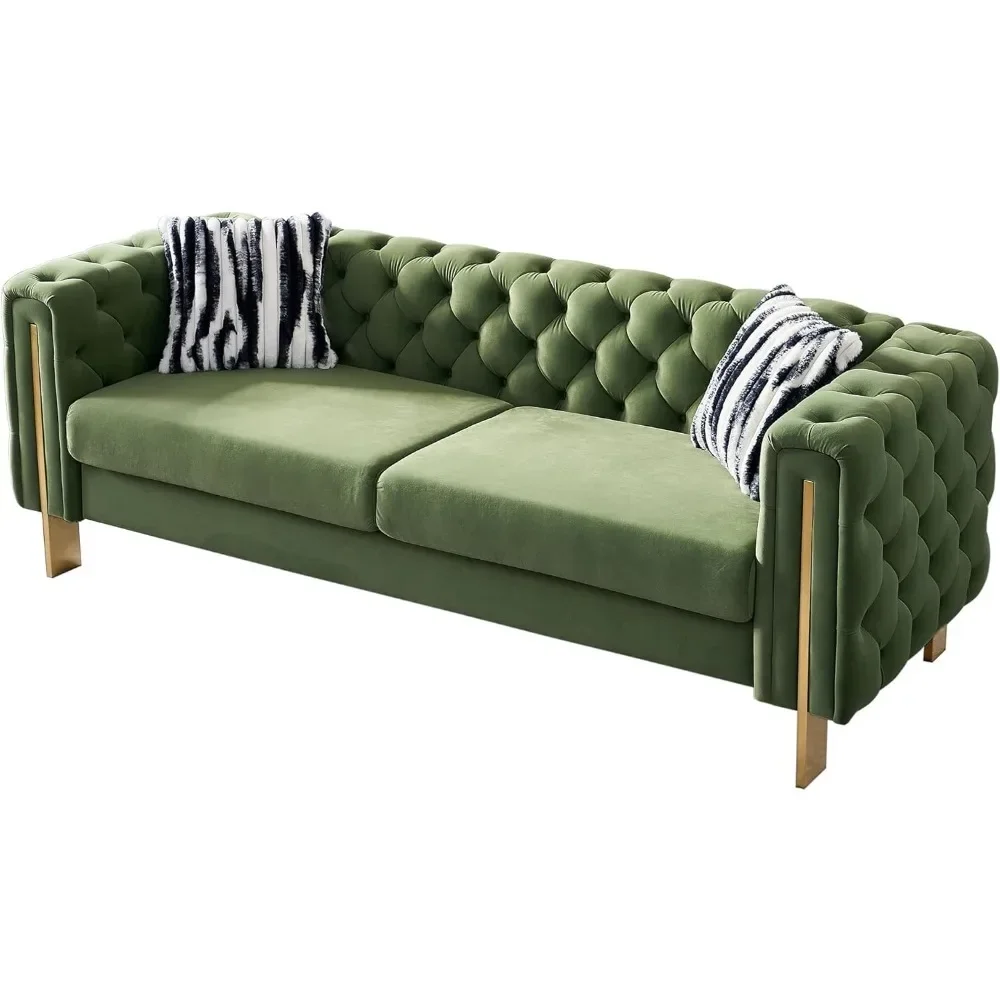 Modern Velvet Sofa for Living Room, 84 Inches Long Tufted Couch Upholstered Sofa with 2 Pillows High Arm and Metal Legs D