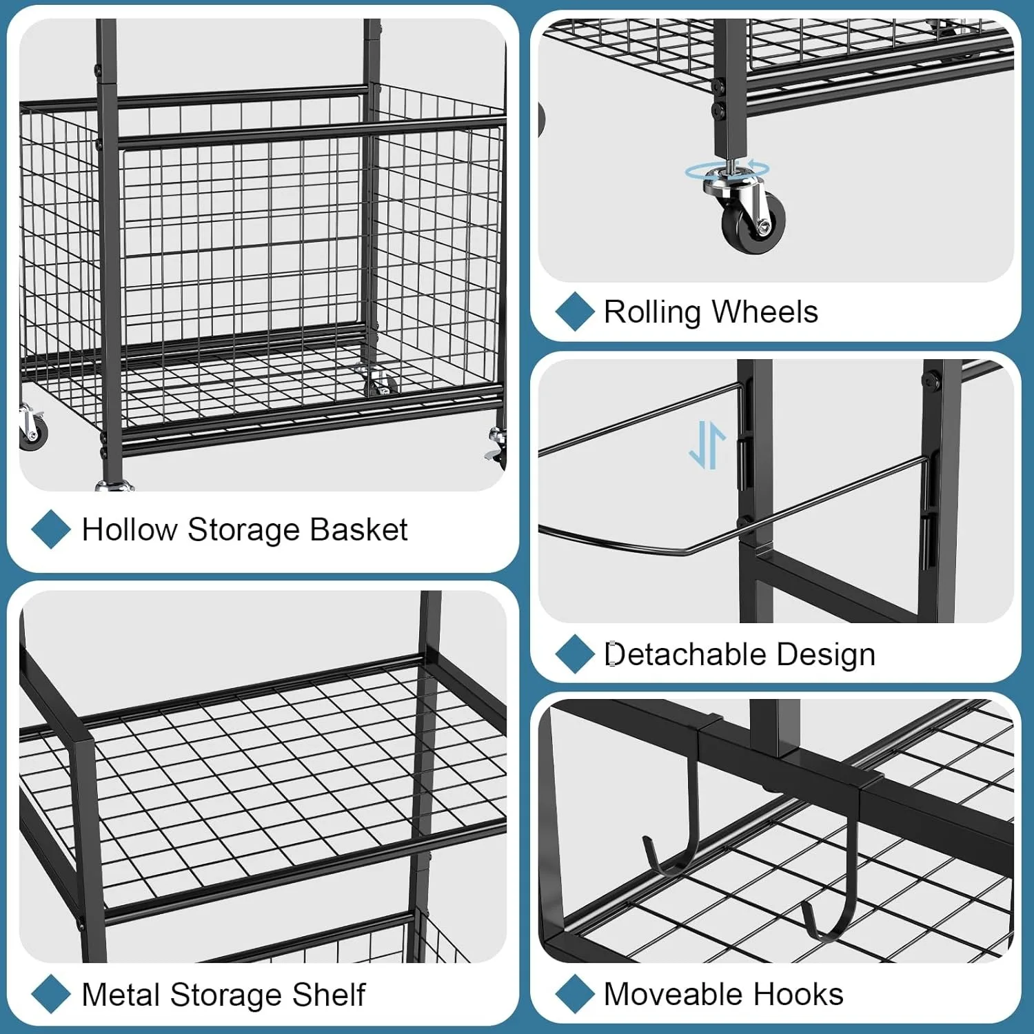 6段バスケットボールラック、ホイール、収納バスケットとフック付き、ガレージ/屋外用の多用途スポーツオーガナイザー - ブラック