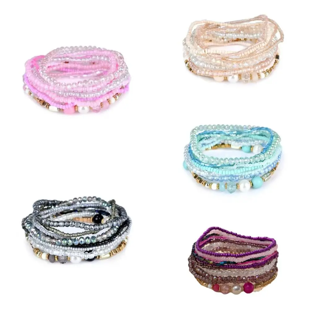 10 قطعة/المجموعة الحلو الملونة البوهيمي الخرز أساور اللؤلؤ تكويم مطرز متعدد الطبقات أساور لامعة سحر الإسورة مجموعة النساء النساء