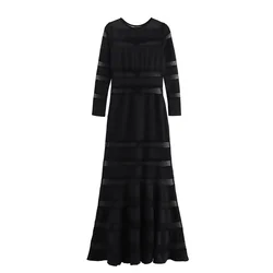 UNIZERA2024 Summer New Women's Fashion Slim Fit Temperament Round Neck Long sleeved Black Spliced Dress