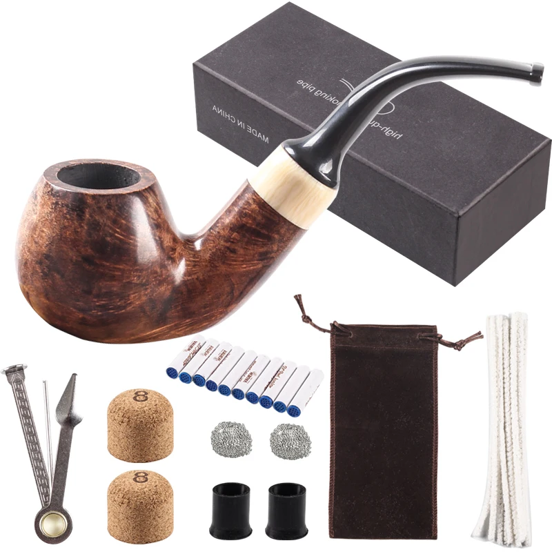 

New Smoking Set 9mm Filter Tobacco Pipe Carven Smoking Pipe Carved Briar Wood Pipe Large Send 8 tools p8982