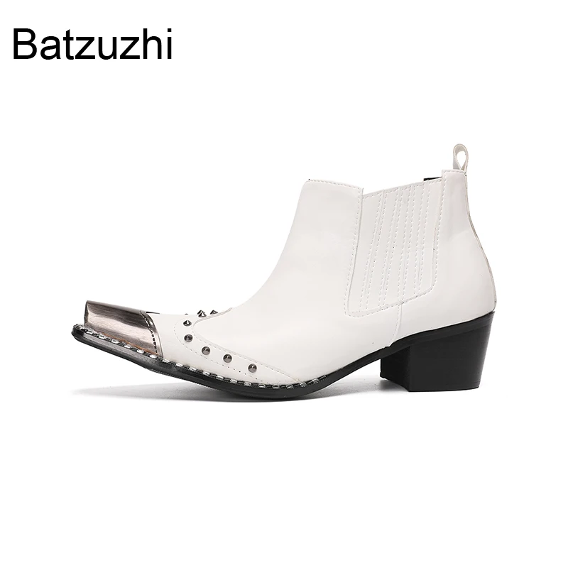 Batzuzhi 6.5cm Heels Men's Boots Shoes White Genuine Leather Ankle Boots for Man Pointed Toe White Party, Business, Wedding