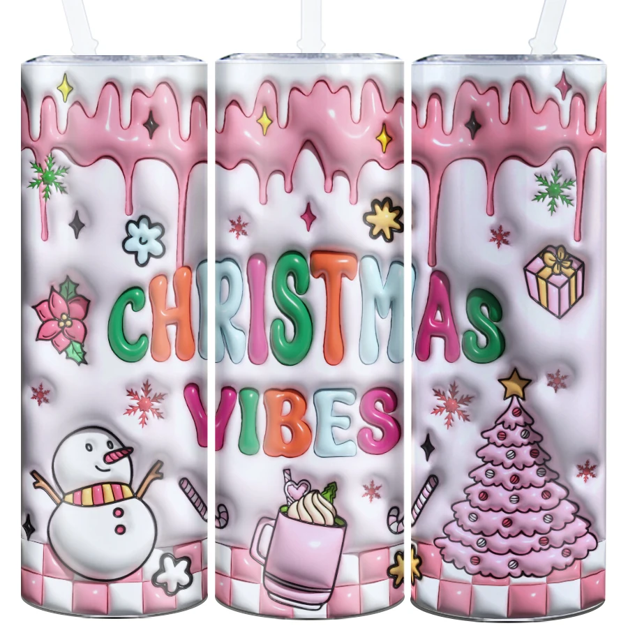 Christmas Coffee Mugs Straw Lid 1Pc 20oz Stainless Insulated Tumblers 3D Print Xmas Water Bottle Party Deocration Supplies