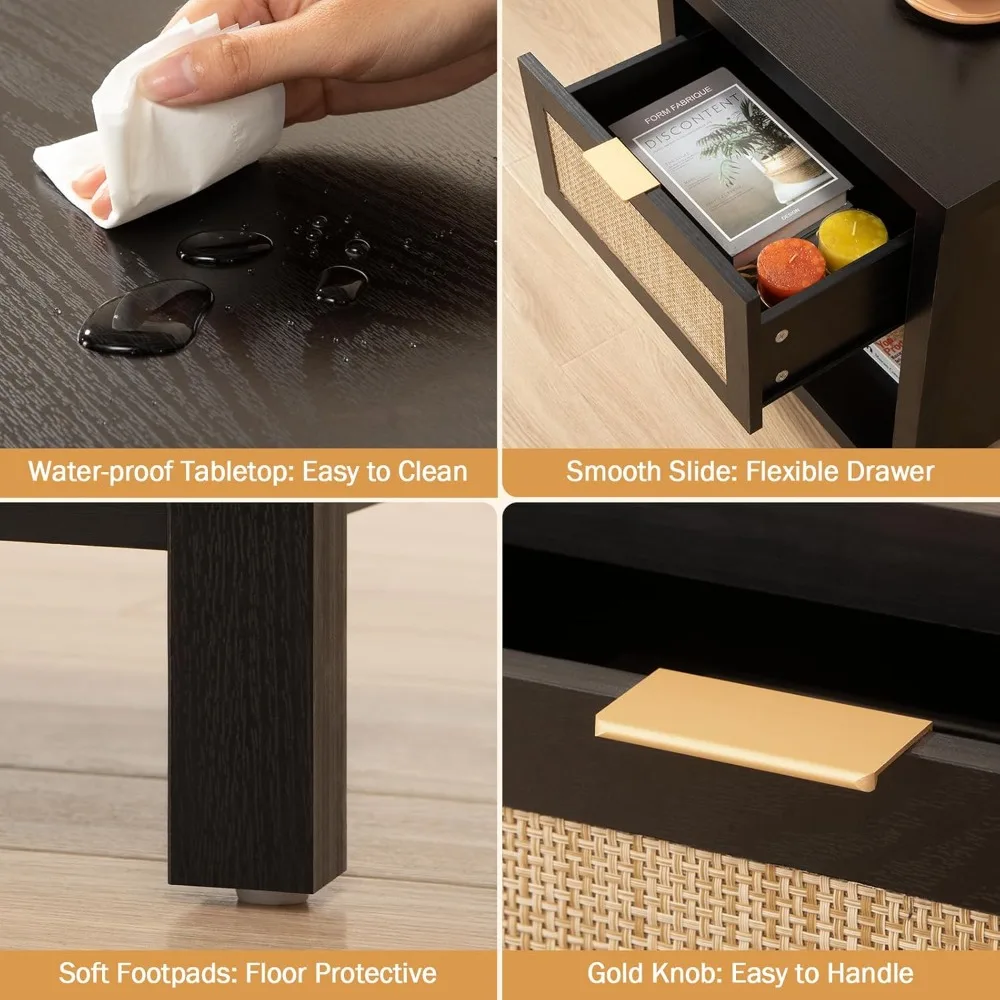 Rustic Rattan Nightstand, Farmhouse Style Drawer Night Stand, Bohemian End Side Table for Bedroom, Compact Space, Black Oak Fini