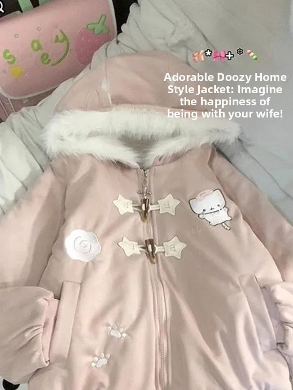 

Толстовка с вышитыми ушками Sweet Sle, женская зимняя повседневная синяя теплая хлопковая куртка, модное длинное пальто на молнии