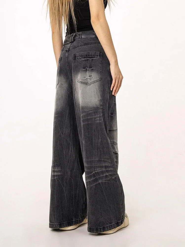 2025 Trashy Y2K Streetwear Washed Cracks Pleated Baggy Jeans Pants For Women 90S Vintage Clothes Wide Leg Hip Hop Lady Trousers