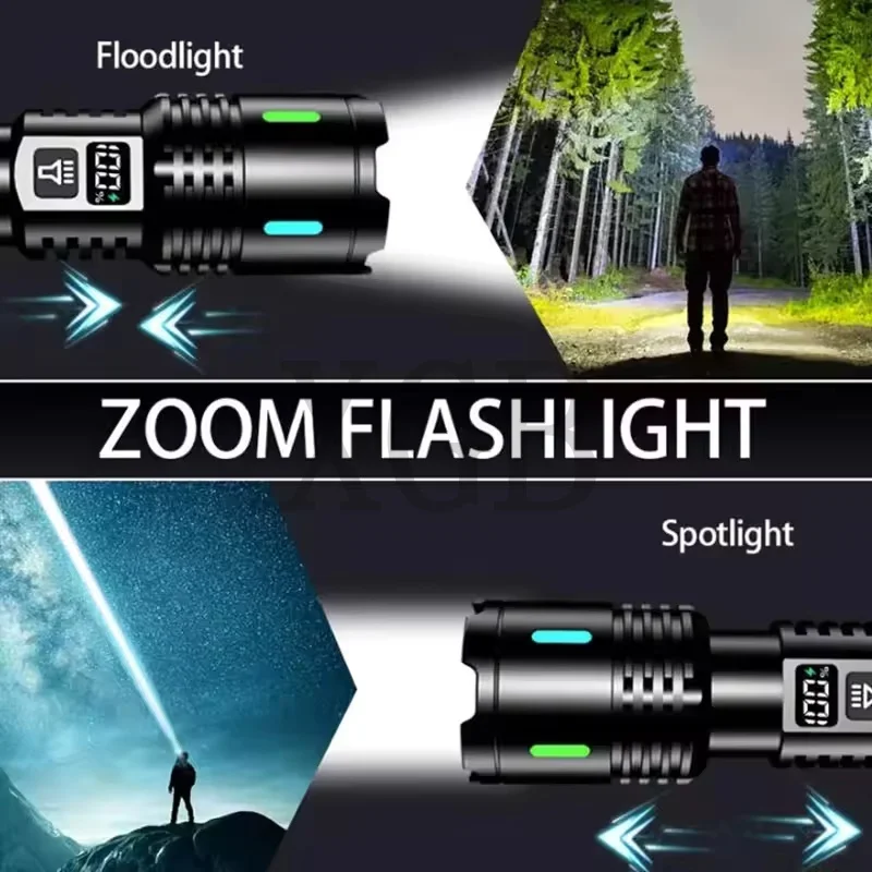 Lanterna LED recarregável ultra poderosa com bateria 18650 Tocha tática à prova d'água com zoom e display LCD de energia
