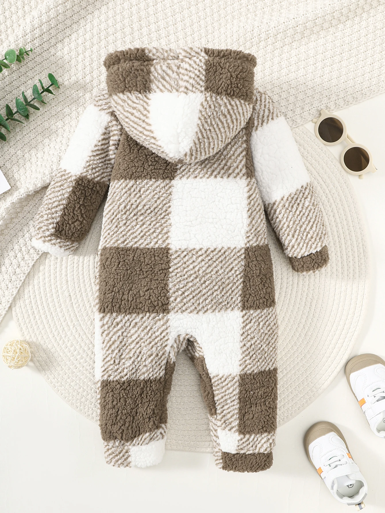 Boys' Hooded Onesie Khaki Plaid Furry Warm Hooded Romper (Random Plaid Position) Baby Boy All-in-One Winter Clothes