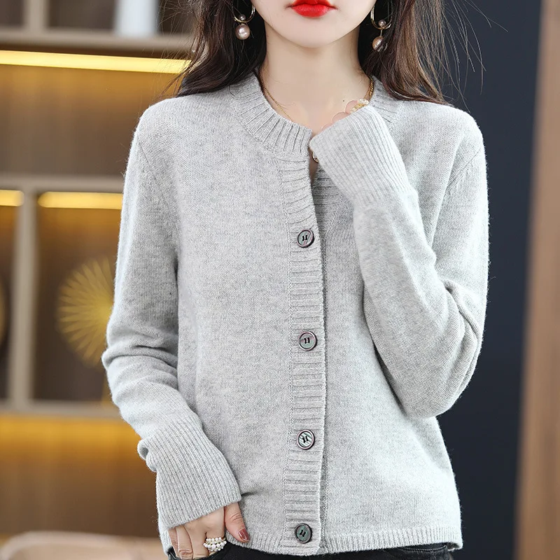 

2025 Autumn Winter New Women's Clothing Round Neck Short Solid Color Loose Base Knitted Long-Sleeved Cardigan Jacket