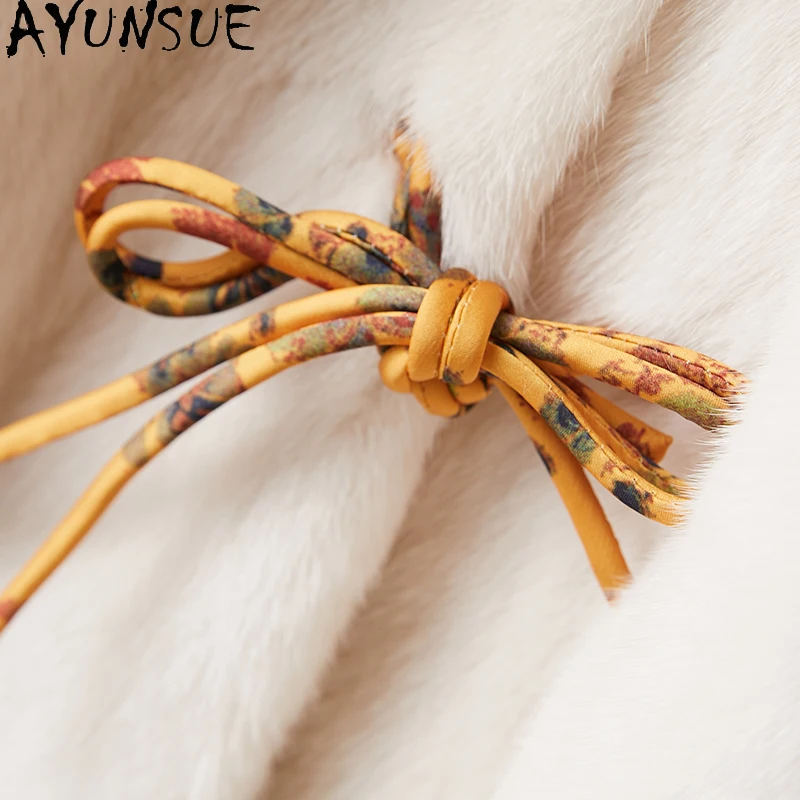 AYUNSUE Naturalne płaszcze z futra norek dla kobiet, beżowe płaszcze zimowe damskie 2025, średniej długości, w stylu koreańskim, odzież damska, pelzmantel damen