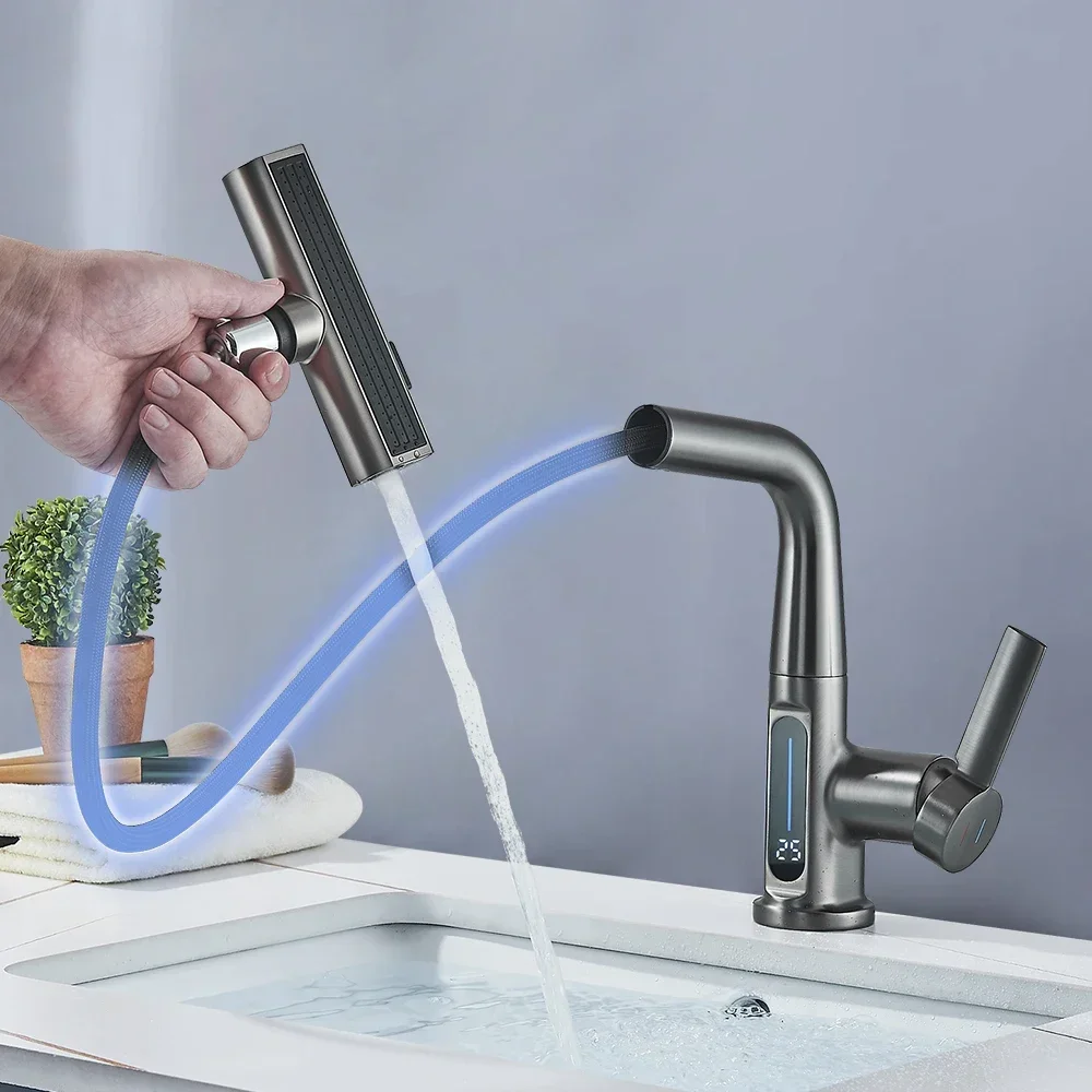 Waterfall Temperature Digital Display Basin Faucet Lift Up Down Stream Sprayer Hot Cold Water Sink Mixer Wash Tap For Bathroom