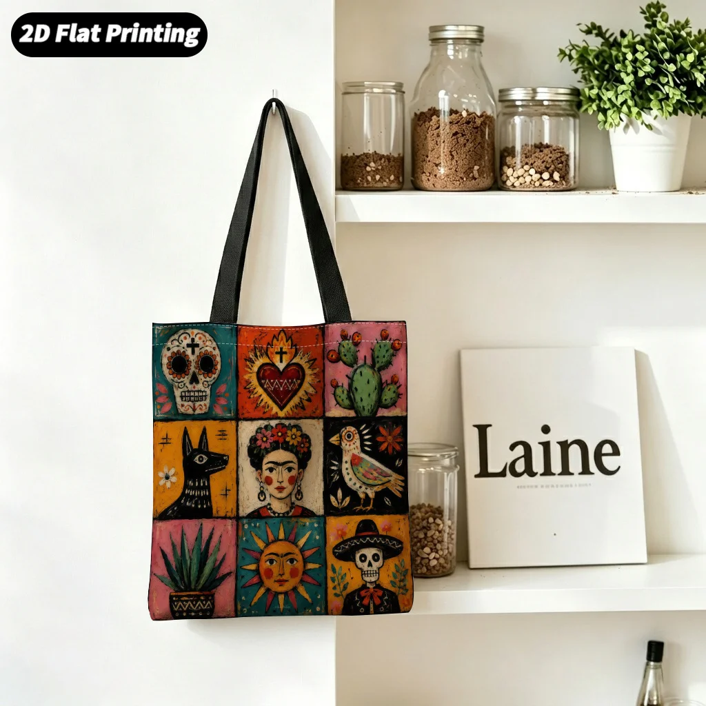 Mexican Style Nine Square Grid Art Handbag Retro Frida Printed Tote Bag Multi Colored Skull Cactus Pattern Storage Bag