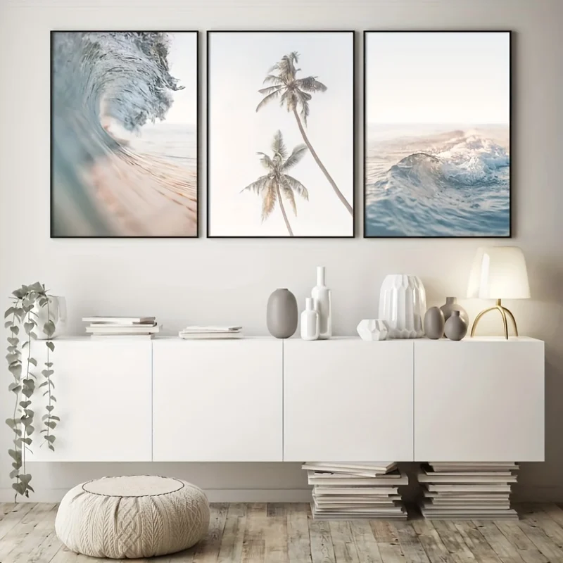 3pcs/set Beach Palm Tree Unframed Creative Canvas Poster Frameless Ocean Views Wall Art Painting for Living Room Bedroom
