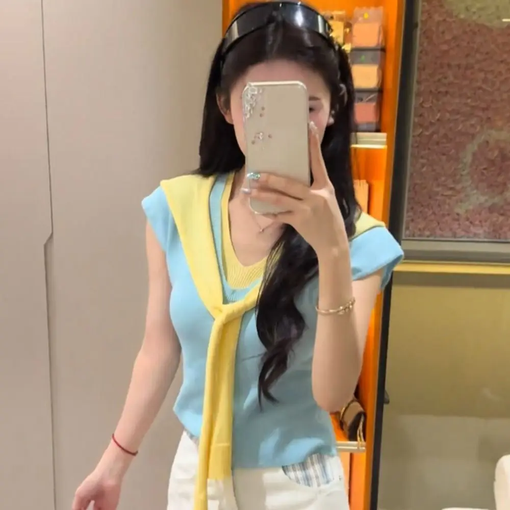 

Lace-up Fake Two Pieces T-shirts Patchwork Short Sleeve Slim Knit Crop Top V-neck Korean Style Sweet Girl's Tees Top Lady Girl