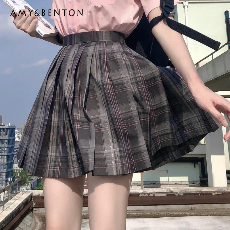 

2024 Japanese Jk Uniform College Style Summer Gray A Line Thin Waist Fashionable and Comfortable Plaid Pleated Skirt For Girls