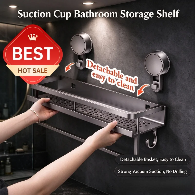 Christmas Stocking Stuffers,Aluminum No Drill Bathroom Shelf,Suction Cup Adhesive Wall Hanging Rack, Bathroom & Toilet Organizer