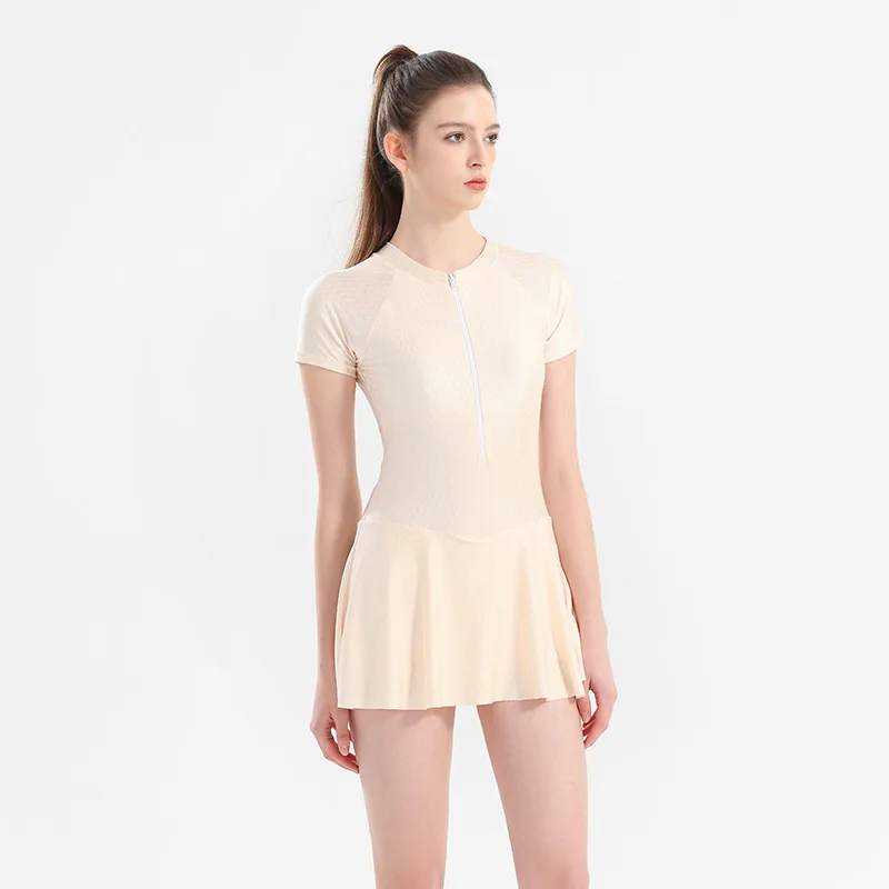 

Women One Piece WaterProof Sports Beach Outdoor Athletic Push Up SwimWear Short Sleeve Front Zipper Quick-Dry Bathing SwimSuit