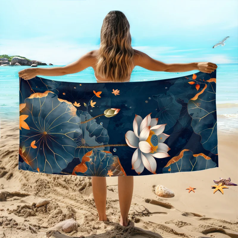 Golden embellished lotus pattern beach towel is suitable for summer beach swimming pool travel lightweight and machine washable