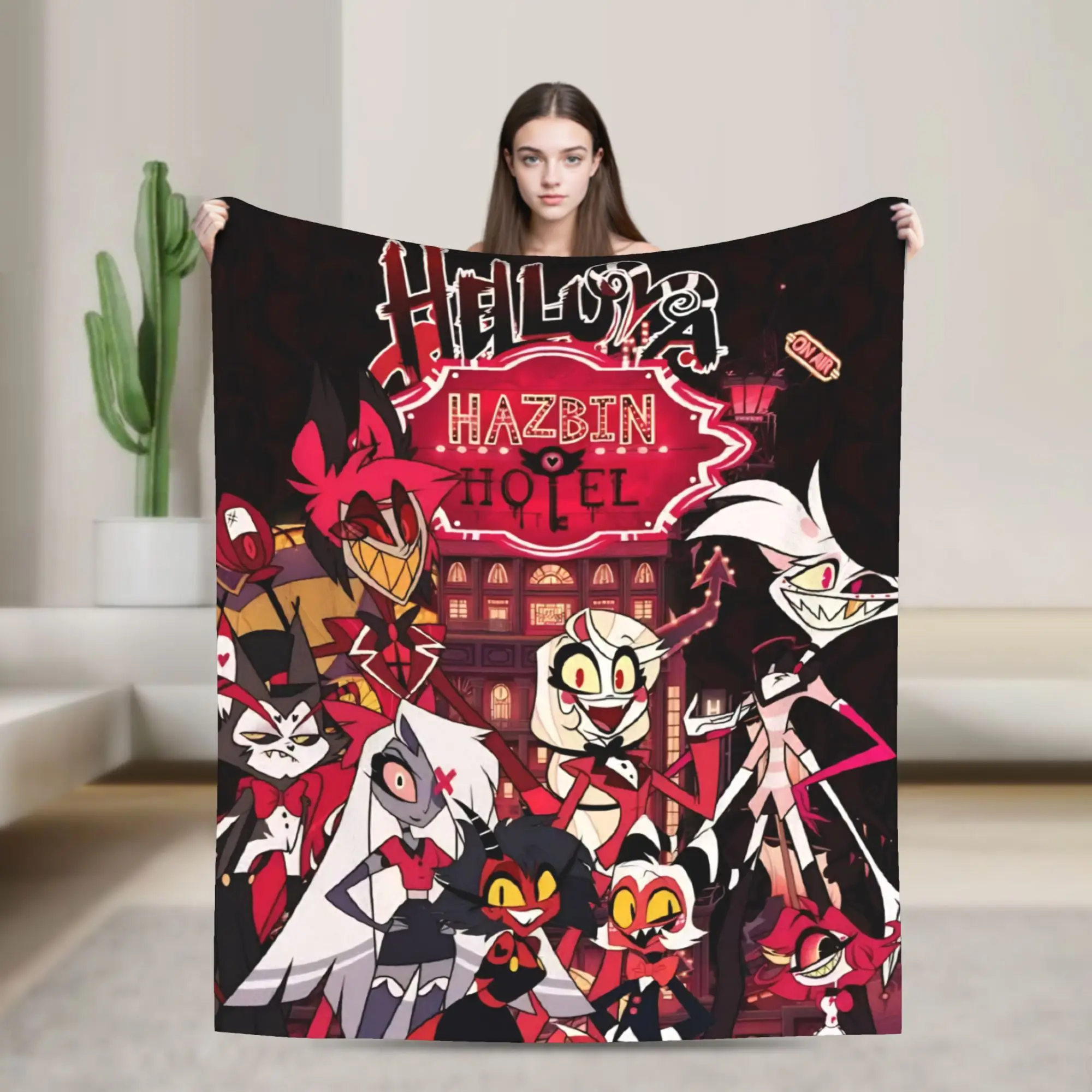 

Warm Blanket Picnic Alastor Game VOX H-Hazbin Hotel Throw Blanket Flannel Bedspread For Couch Bed Fluffy Sofa Bed Cover