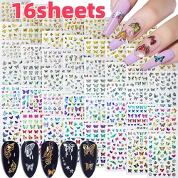 16 Sheets Shiny Butterfly Nail Art Sticker 3D Self-Adhesive Nail Supplies Holographic Laser Glitter Butterfly DIY Manicure Decor