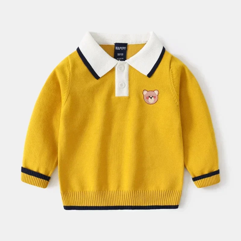 2024 Autumn Winter Children Boys Sweater Cotton Kintted Boder Contrast Tops Striped Embroidery Cartoon Polo Kids Boys Sweater