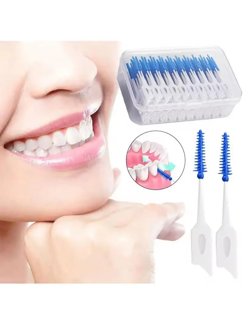 Interdental-Silikonbürste, Zahnstocher, 40er-Pack, Mundhygiene-Reiniger mit Faden für Zahnfleischpflege zwischen den Zähnen