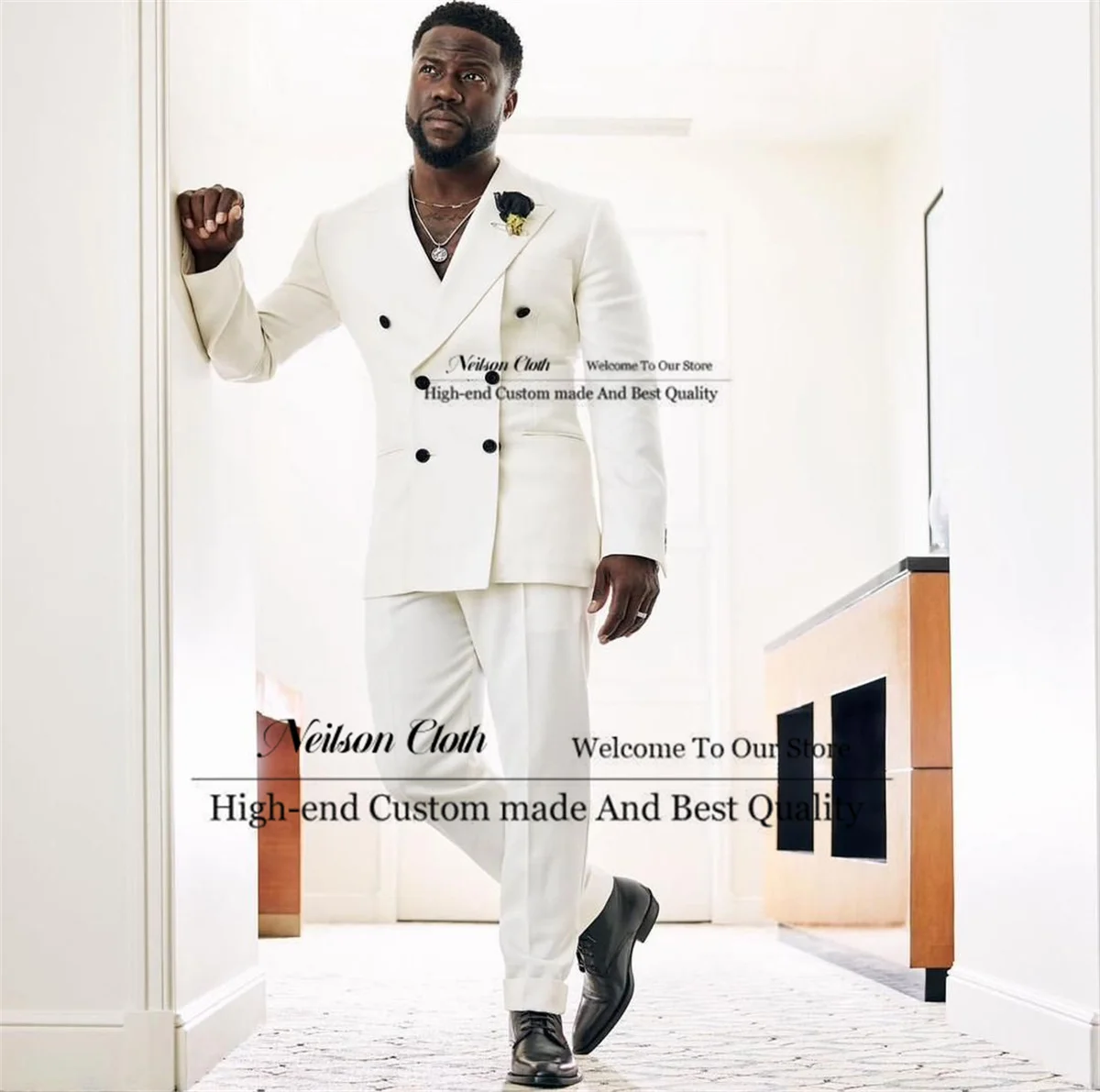 

White Men Suit Male Prom Blazers 2 Pcs Sets Double Breasted Groom Wedding Tuxedos Business Customized Peaked Lapel Costume Homme