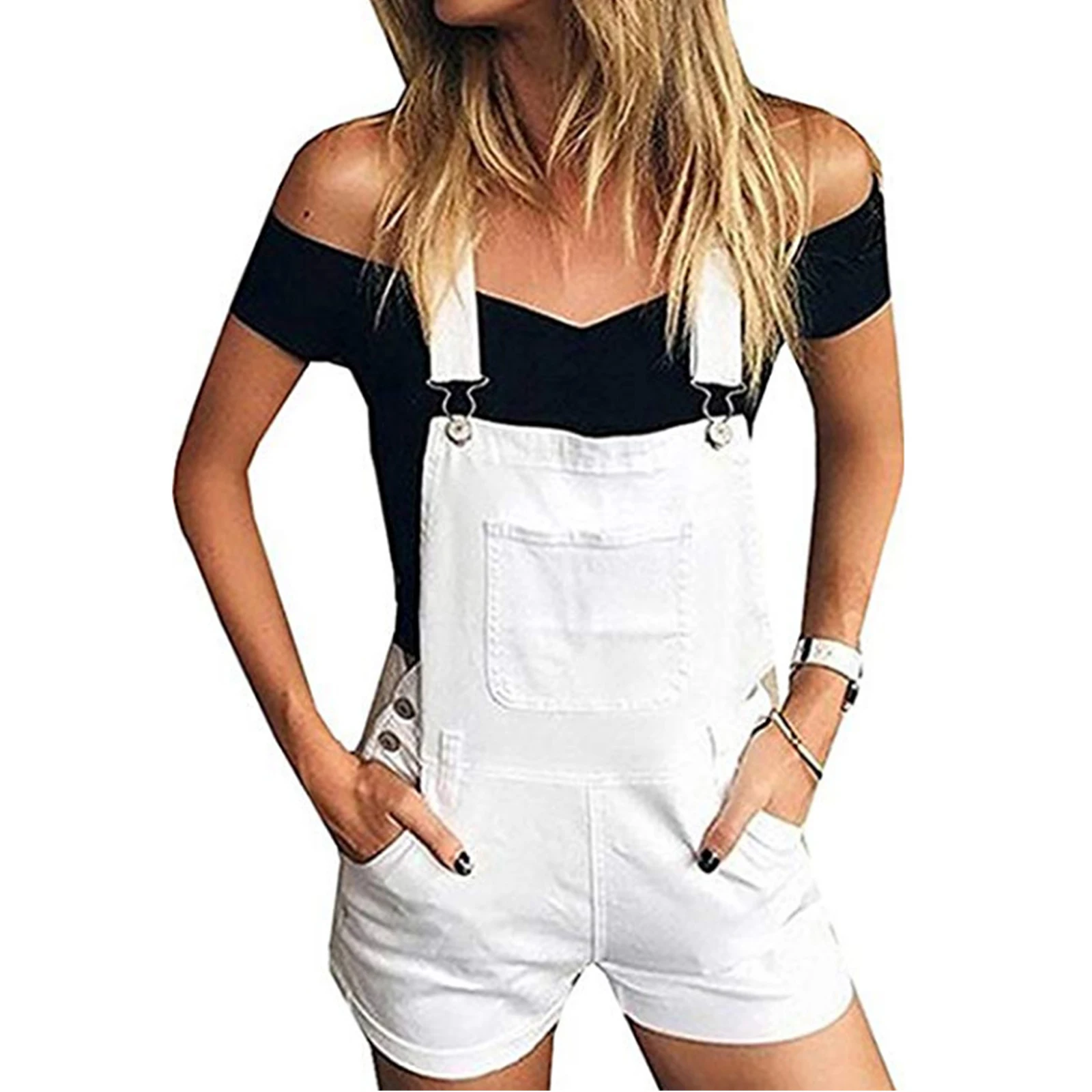 

Women Denim Shortalls Suspender Adjustable Straps Romper Summer Casual Jean Bib Shorts Sleeveless Loose Dungarees