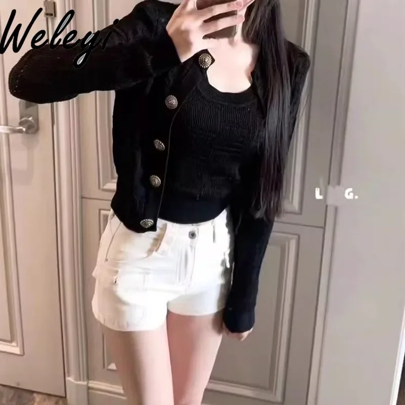 Ladies Ice Silk Thin Knitted Sweater Cardigan 2024 Autumn New Elegant Long Sleeve Short Knitting Top Sleeveless Vest 2 Piece Set