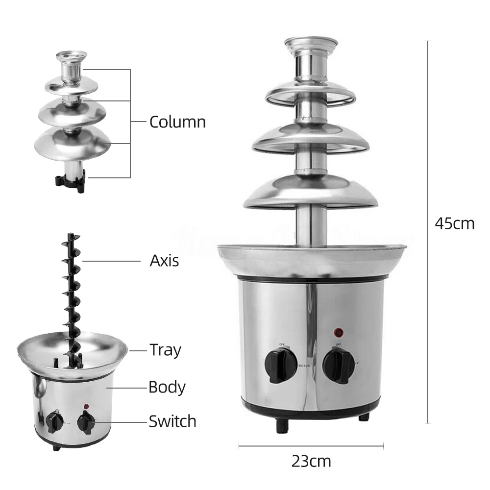 Chocolate Fountain 4 Tiers Electric Melting Machine Fondue Pot Set for Chocolate Candy Ranch Nacho Cheese