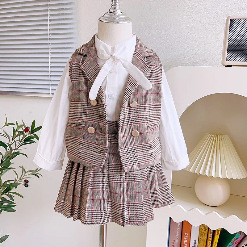 

Girls' Outfit Set Spring and Autumn New Style Girls' Shirt Vest Skirt Baby Three-Piece Set Wholesale